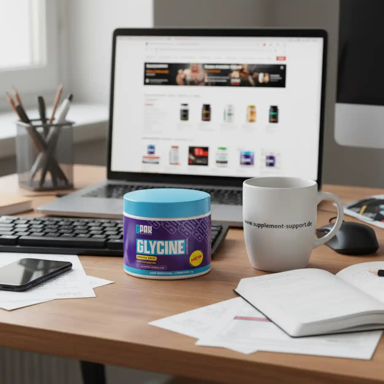 Glycine Nahrungsergänzungsmittel auf Schreibtisch neben Laptop und Tasse