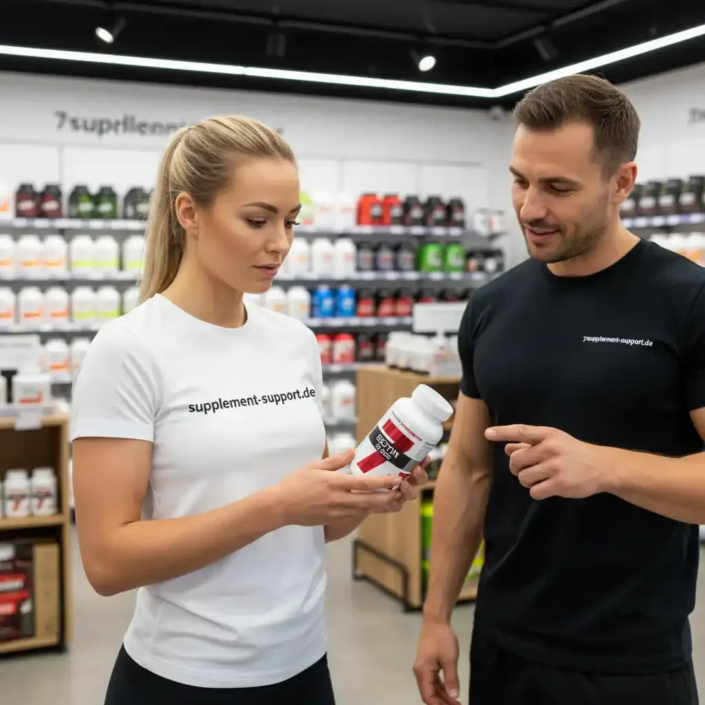 Mitarbeiterin zeigt Protein-Booster in Supplement-Shop, Beratung zu Sportnahrung und Vitamine