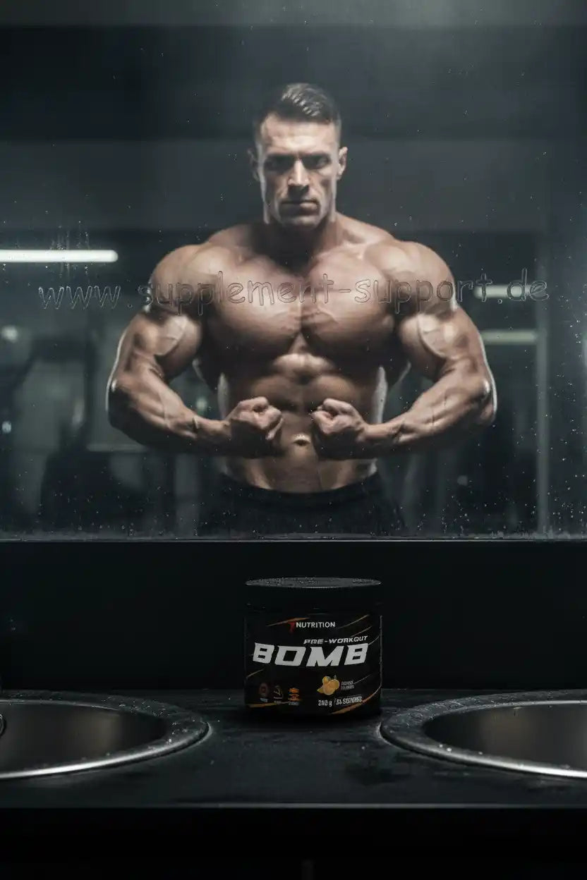 Muskulöser Athlet mit Pre-Workout Bomb von Nutrition vor Spiegel im Fitnessstudio