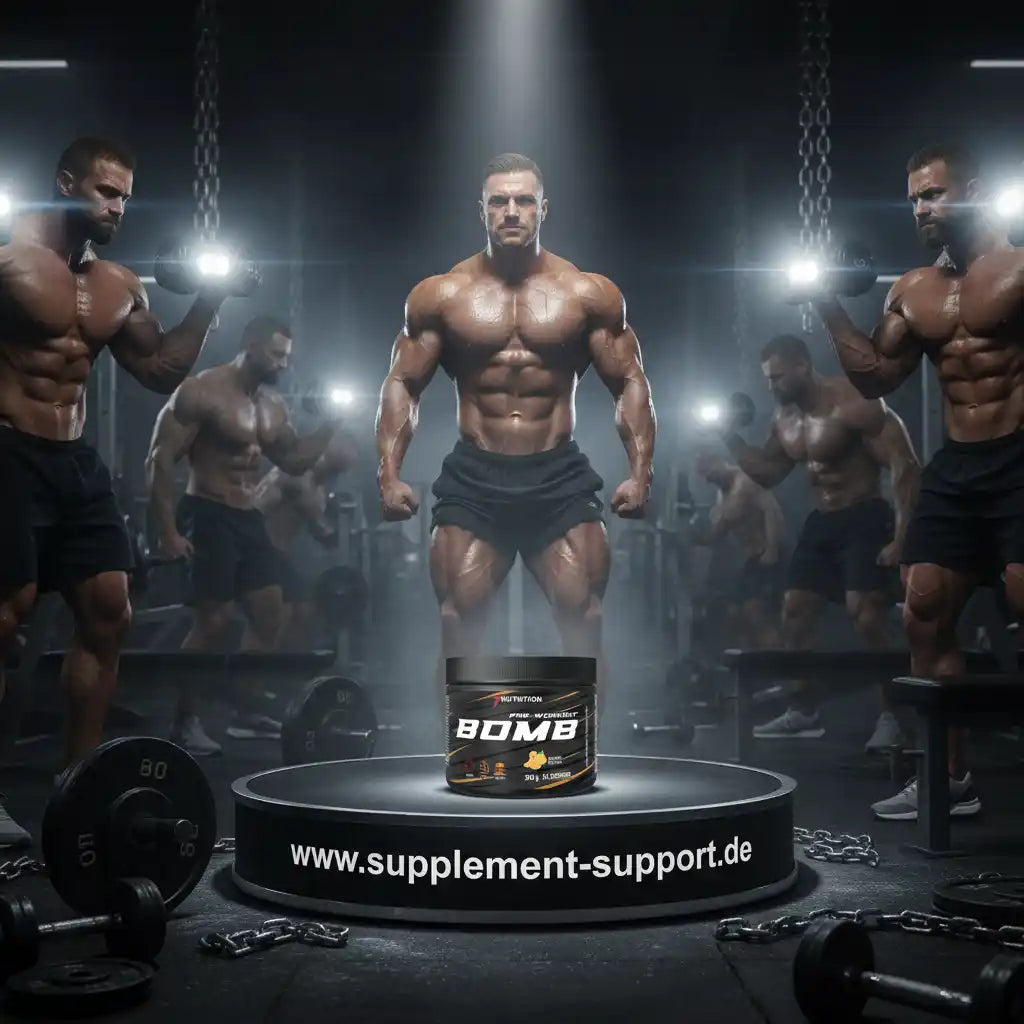 Muskulöse Athleten mit Protein-Booster 'BOMB' im Fitnessstudio, ideal für Muskelaufbau und Training