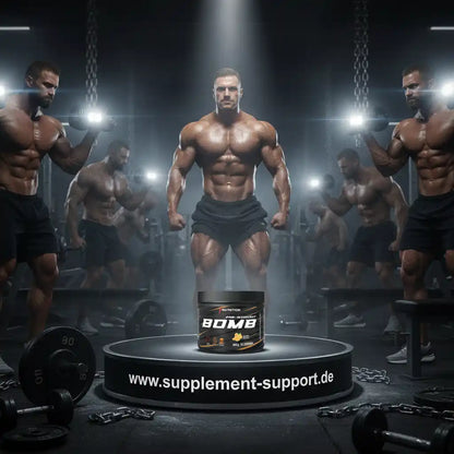 Muskulöse Athleten mit Protein-Booster 'BOMB' im Fitnessstudio, ideal für Muskelaufbau und Training