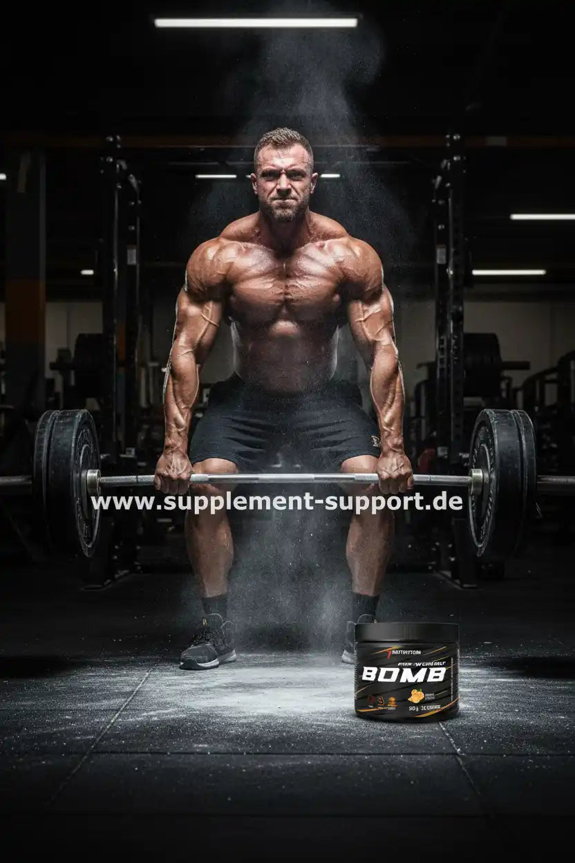 Muskulöser Mann beim Gewichtheben mit Protein-Booster im Fitnessstudio