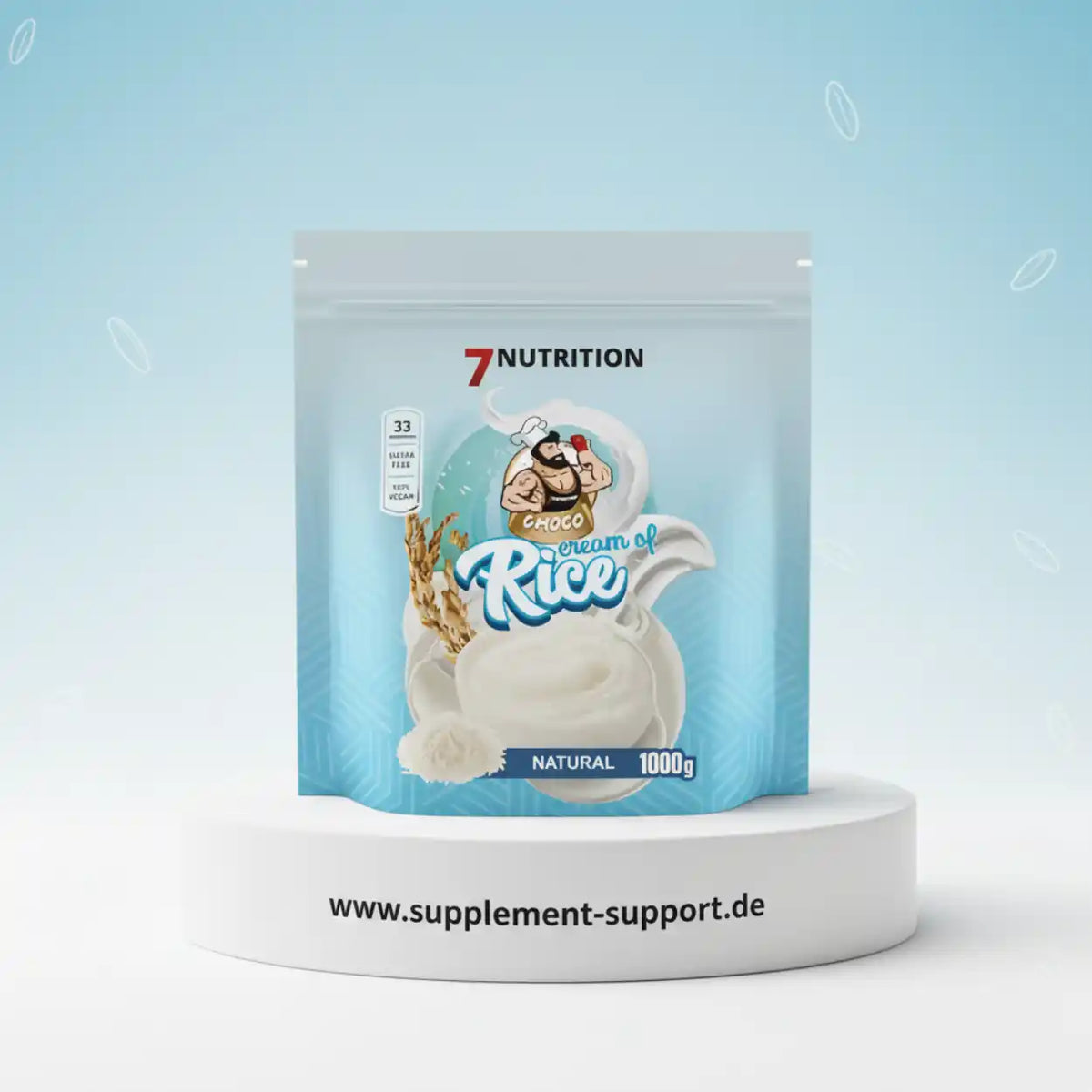 7Nutrition Choco Rice Cream of Rice Nahrungsergänzungsmittel, 1000g Beutel auf weißem Podest