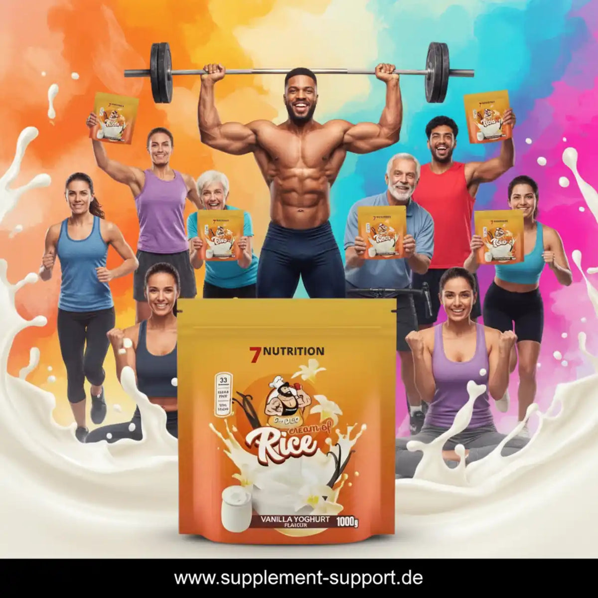 7Nutrition Cream of Rice Vanilla Yoghurt mit Sportlern vor buntem Hintergrund