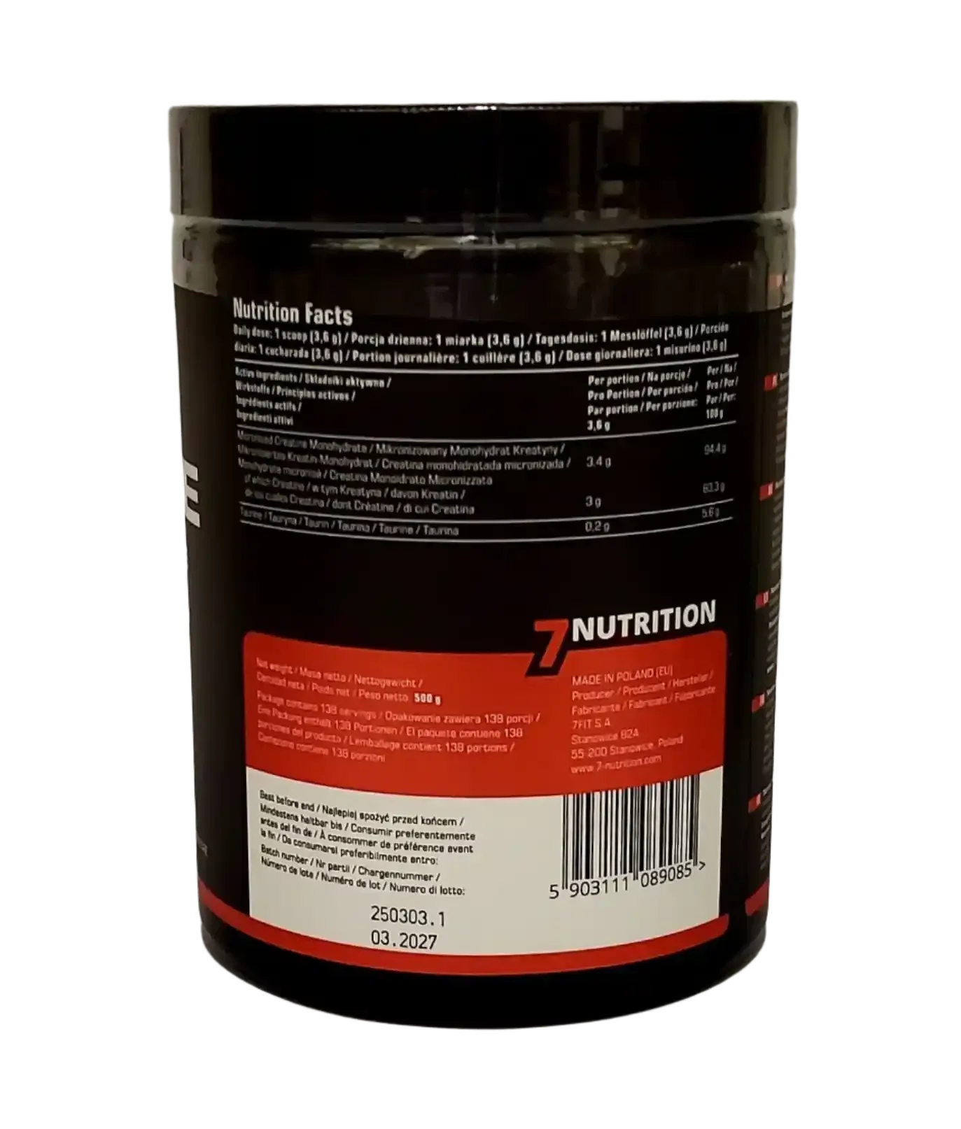 7Nutrition Kreatin-Monohydrat Nahrungsergänzungsmittel mit Nährwertangaben, 500g Dose