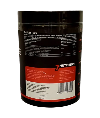 7Nutrition Kreatin-Monohydrat Nahrungsergänzungsmittel mit Nährwertangaben, 500g Dose