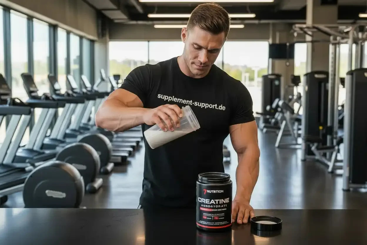 Muskulöser Mann bereitet Kreatin-Monohydrat in Fitnessstudio vor – Protein & Sportnahrung