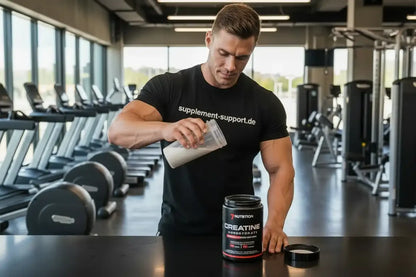 Muskulöser Mann bereitet Kreatin-Monohydrat in Fitnessstudio vor – Protein & Sportnahrung