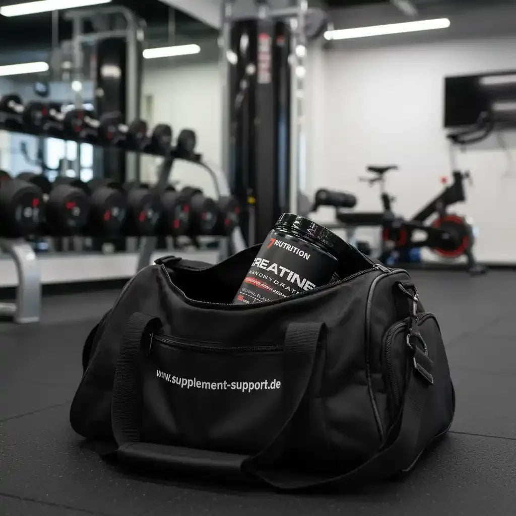 Schwarze Sporttasche mit Kreatin-Booster im Fitnessstudio, ideal für Sportnahrung und Training