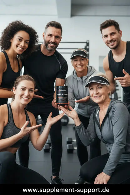Gruppe fit trainierender Menschen mit Creatine-Booster im Fitnessstudio