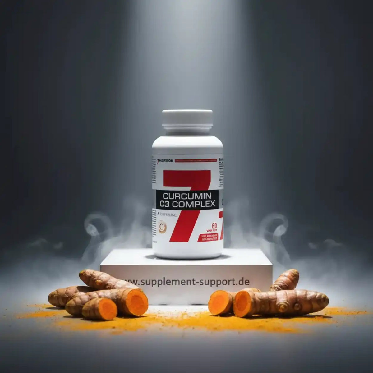 Curcumin C3 Complex Nahrungsergänzungsmittel Dose mit frischen Kurkuma-Wurzeln