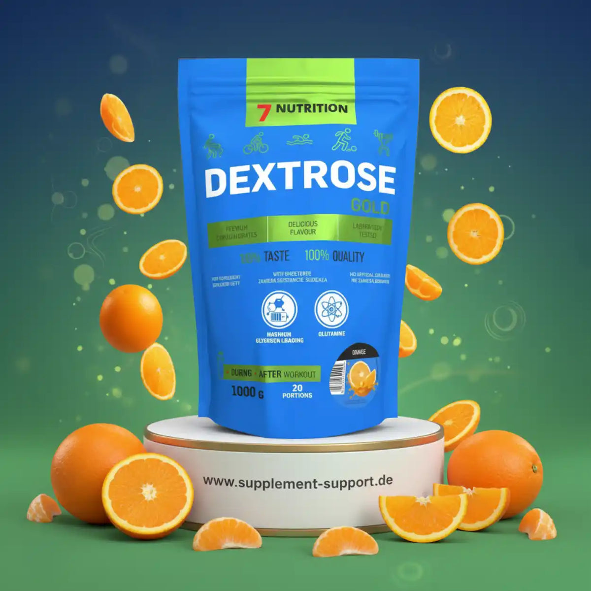 7 Nutrition Dextrose Gold Sportnahrung in Orangen-Geschmack mit frischen Orangenscheiben