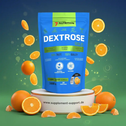 7 Nutrition Dextrose Gold Sportnahrung in Orangen-Geschmack mit frischen Orangenscheiben