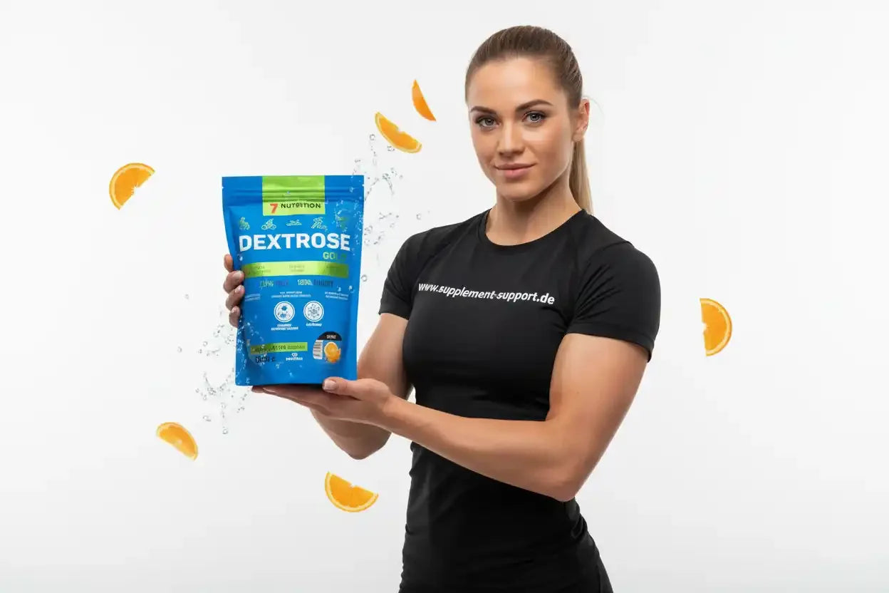 Frau hält Dextrose Gold von 7 Nutrition – Energiebooster für Sportler mit Orangen-Aroma