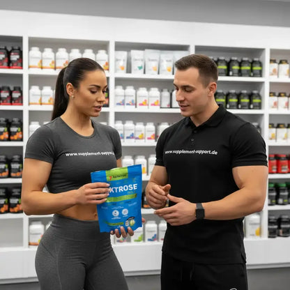 Frau und Mann mit Dextrose-Booster in Nahrungsergänzungsladen, Protein & Sportnahrung