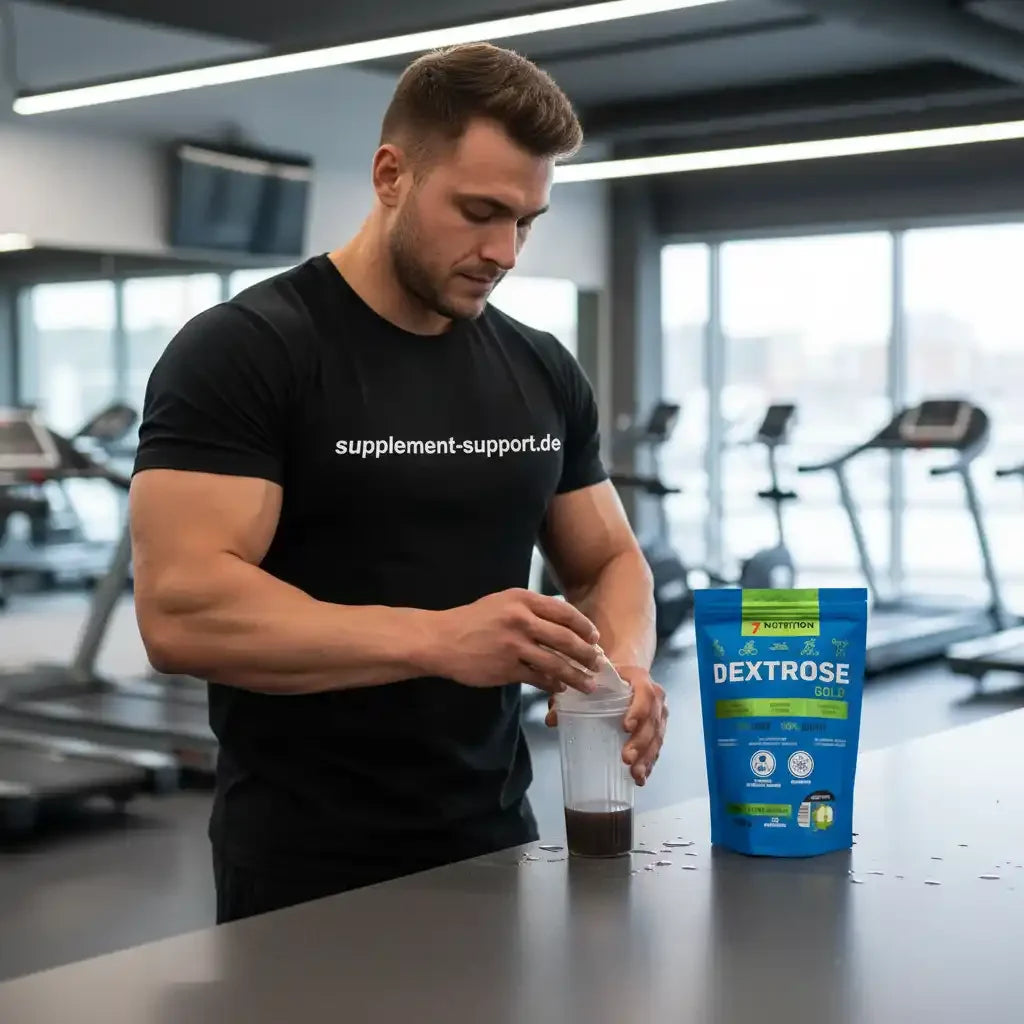 Muskulöser Mann bereitet Dextrose Gold Shake im Fitnessstudio vor – Sportnahrung & Energiebooster