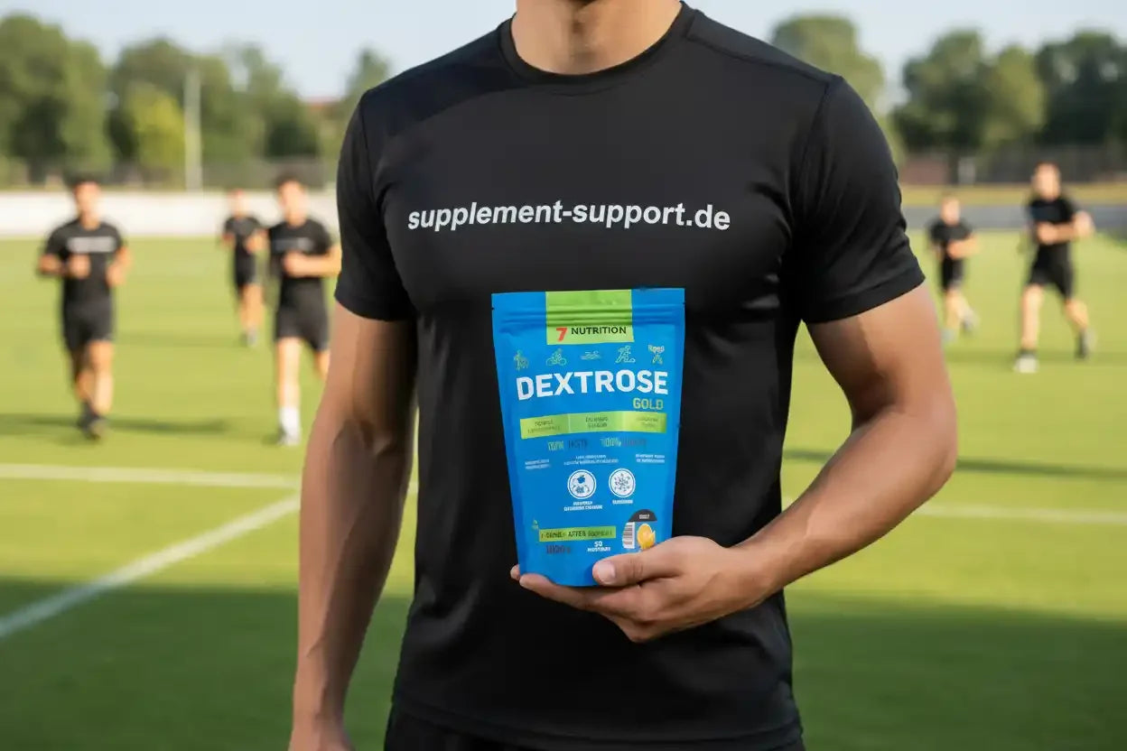 Mann hält Dextrose Gold von 7 Nutrition auf Sportplatz, ideal für Sportnahrung und Energiebooster