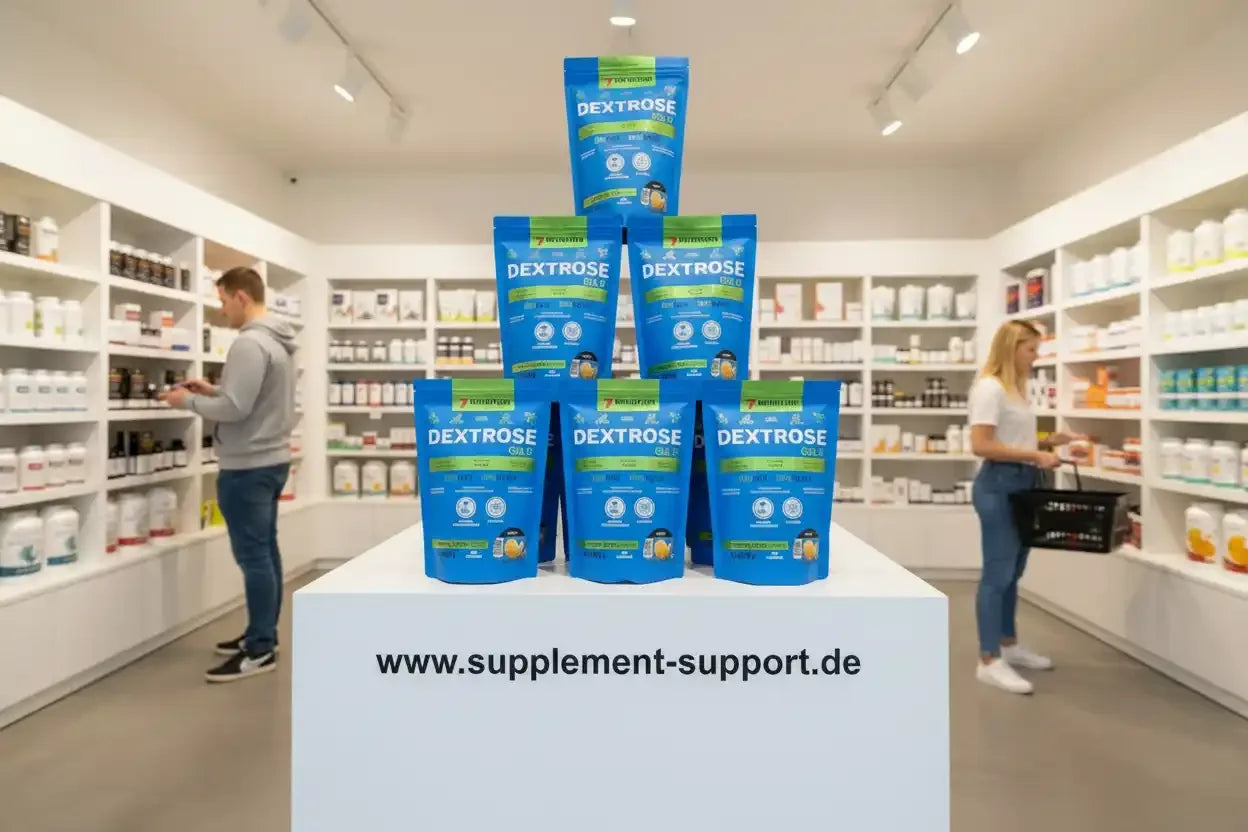 Dextrose Pulver in blauen Beuteln im Supplement-Shop, ideal für Sportler und Fitness-Enthusiasten