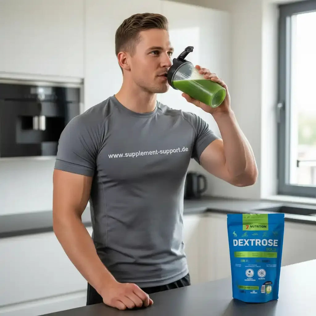 Mann trinkt grünen Shake mit Dextrose Gold von 7 Nutrition – ideal für Sport & Fitness