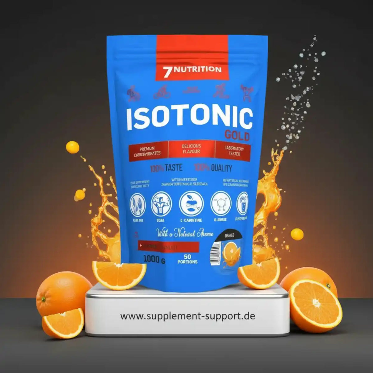 7Nutrition Isotonic Gold Sportgetränk-Pulver Geschmack Orange mit frischen Orangenscheiben