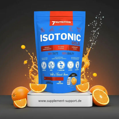 7Nutrition Isotonic Gold Sportgetränk-Pulver Geschmack Orange mit frischen Orangenscheiben