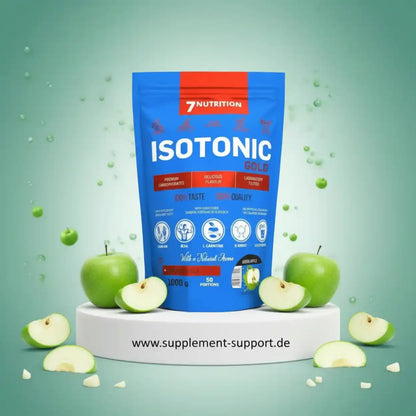 7Nutrition Isotonic Gold Sportgetränk-Pulver mit grünen Äpfeln auf weißem Podest