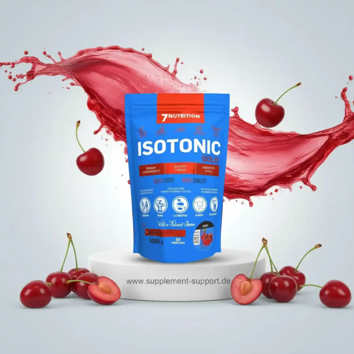 7Nutrition Isotonic Gold Sportgetränk in Kirschgeschmack mit spritzenden Kirschen