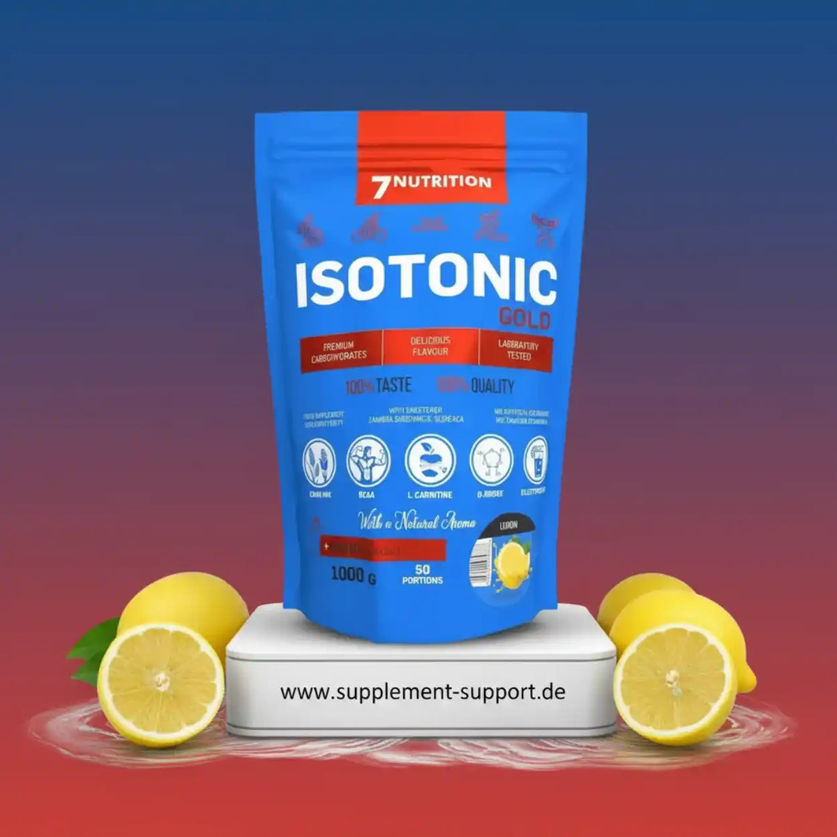 7 Nutrition Isotonic Gold Sportgetränkepulver in Zitronengeschmack mit frischen Zitronen