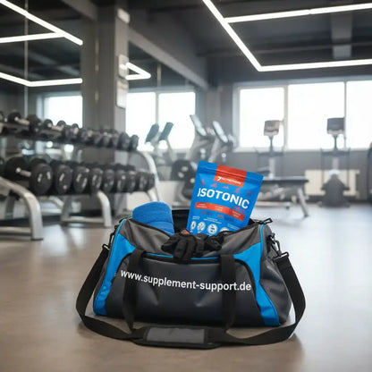 Isotonisches Sportgetränk in blauer Tasche im Fitnessstudio – Protein, Booster, Vitamine