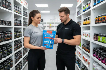 Mann und Frau betrachten Isotonic-Sportnahrung in Supplement-Shop mit Protein & Vitaminen