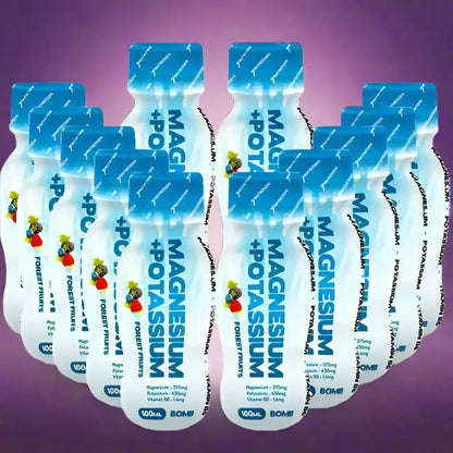 Magnesium + Kalium Trinkampullen, Waldbeergeschmack, 100ml, Nahrungsergänzungsmittel für Sport und Vitalität