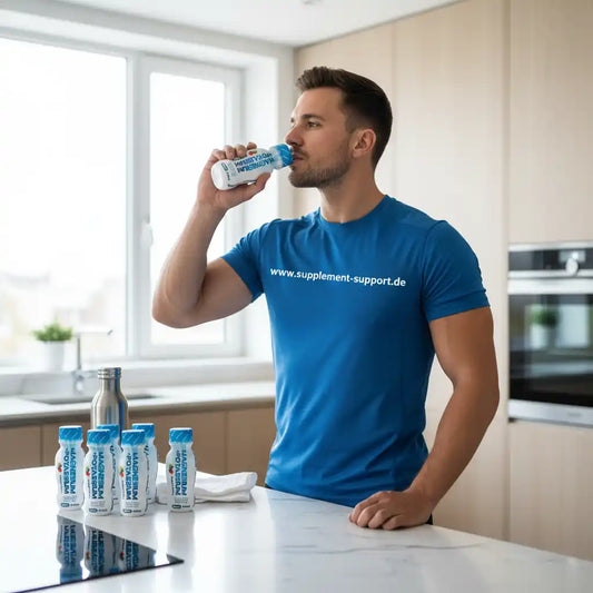 Sportlicher Mann trinkt Magnesium Kalium Shot, mehrere Fläschchen Nahrungsergänzung auf Küchentresen