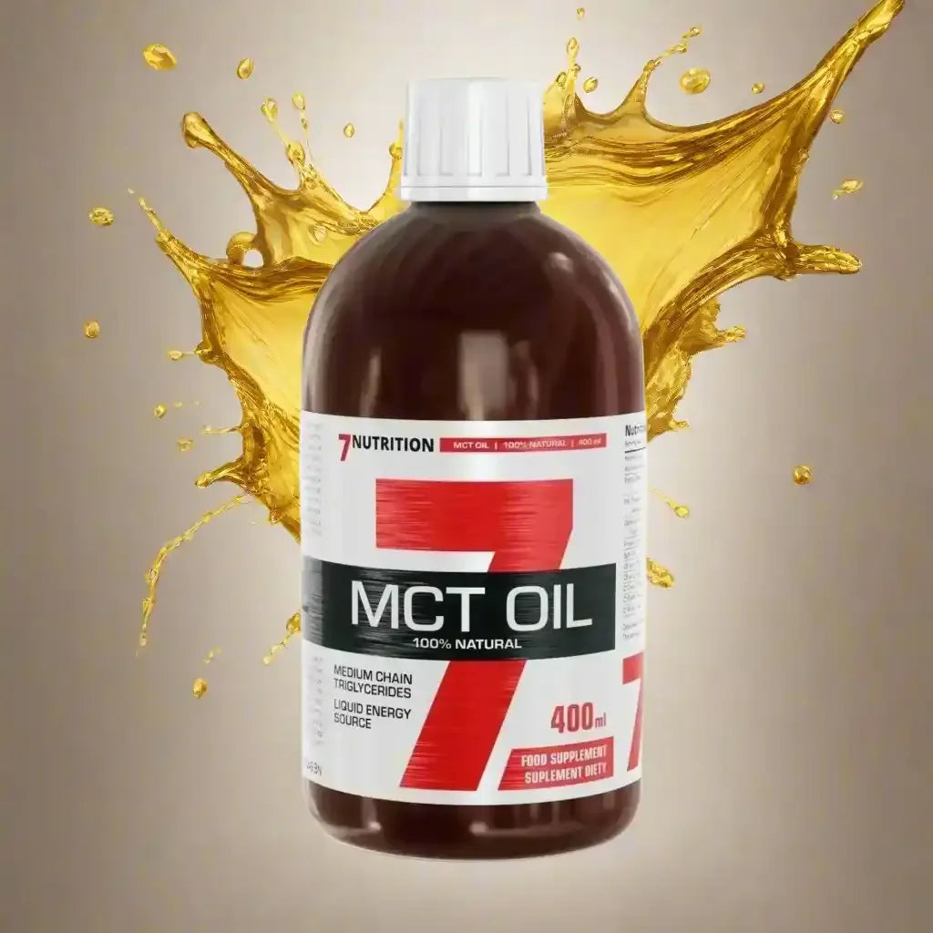 7Nutrition MCT Öl 400ml in brauner Flasche mit weißem Etikett, goldener Ölspritzer Hintergrund