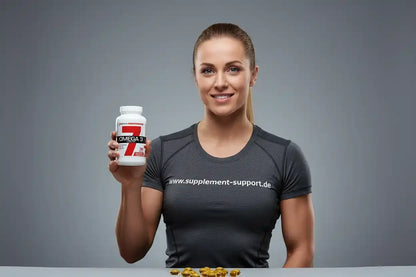 Frau hält Omega-3-Kapseln, Nahrungsergänzungsmittel für Sport und Gesundheit