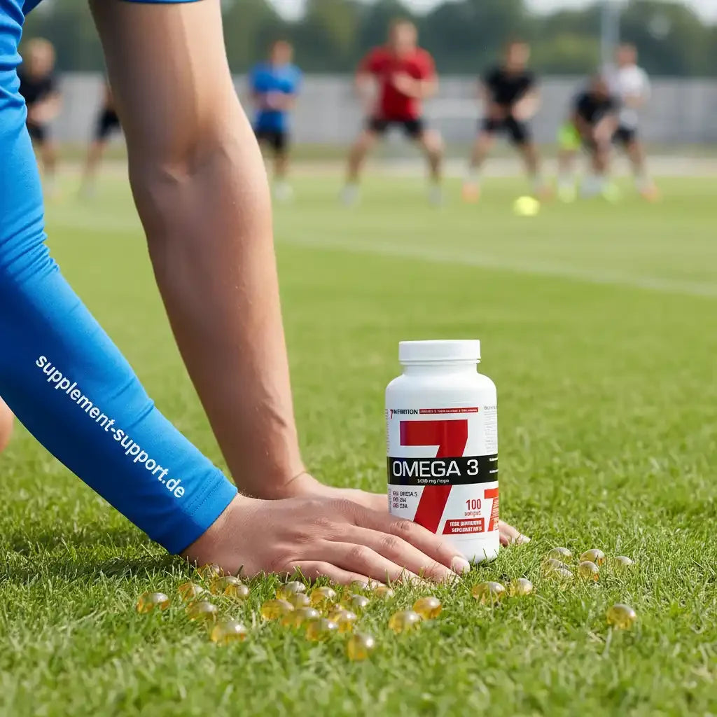 Omega-3-Kapseln auf Rasen neben Sportler, Nahrungsergänzung für Athleten, Protein & Booster