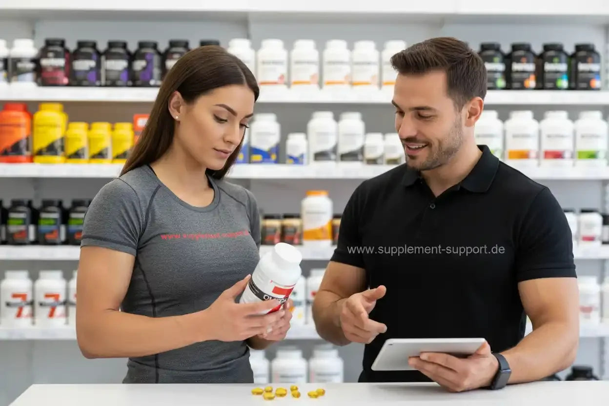 Beratung zu Nahrungsergänzungsmitteln: Mann und Frau mit Tablet und Proteinpulver im Shop