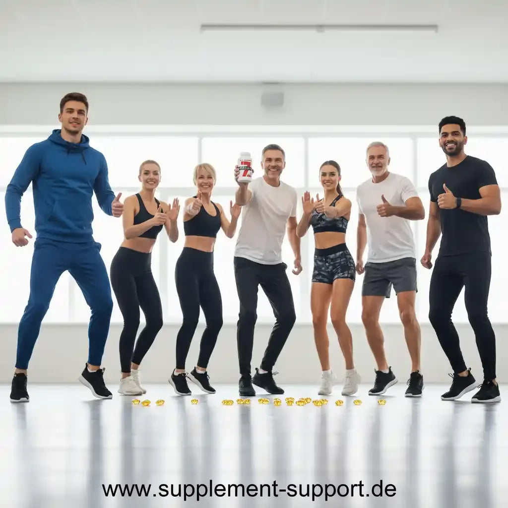 Gruppe mit Nahrungsergänzungsmitteln: Protein, Vitamine, Booster für Sport und Gesundheit