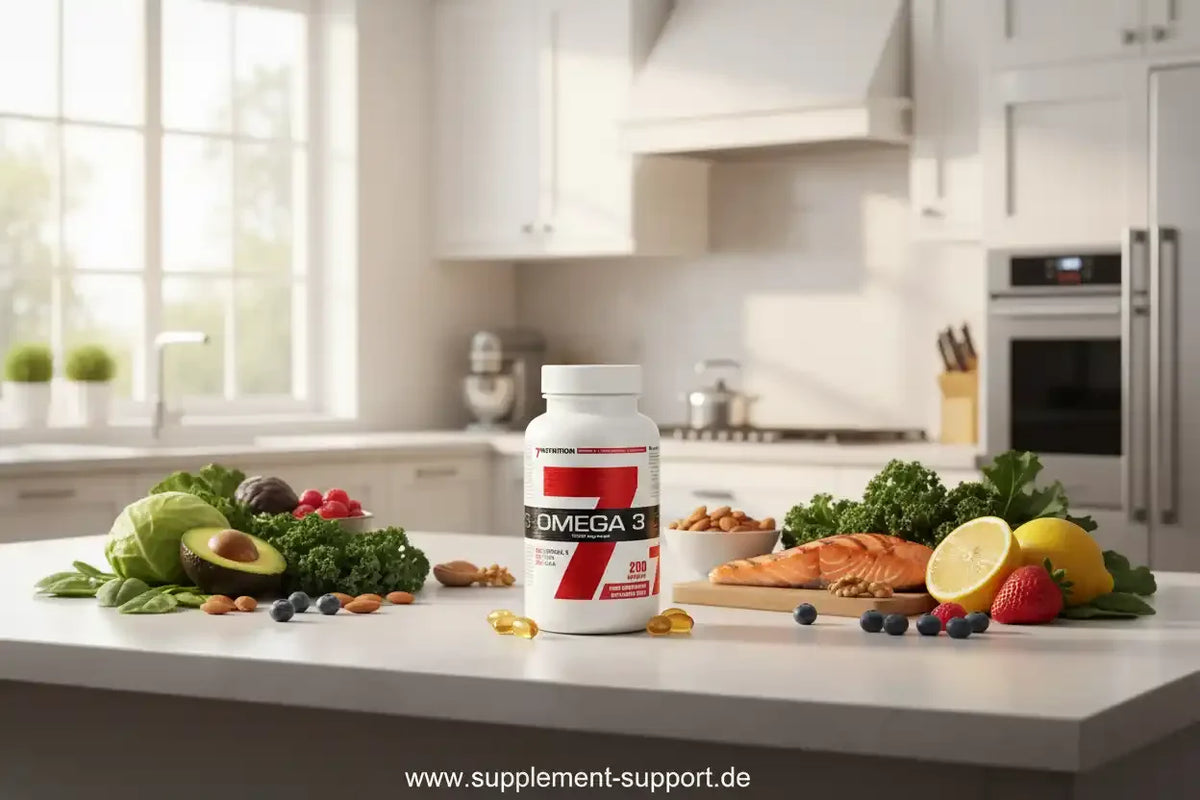 Omega-3-Kapseln mit Lachs, Avocado und Beeren in moderner Küche – Nahrungsergänzung für Gesundheit & Sport