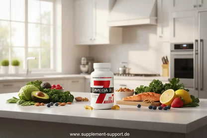 Omega-3-Kapseln mit Lachs, Avocado und Beeren in moderner Küche – Nahrungsergänzung für Gesundheit & Sport