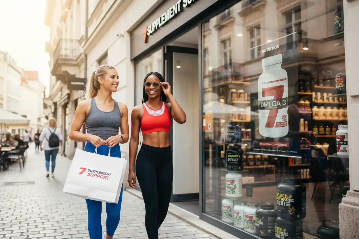 Zwei Frauen mit Sportkleidung vor Supplement Store, Omega-3-Produkt im Schaufenster, Nahrungsergänzungsmittel