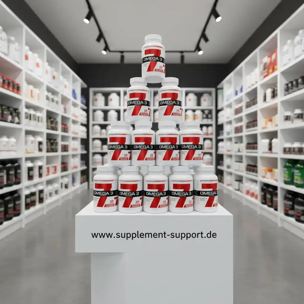 Omega-3-Kapseln in Pyramidenform im Supplement-Shop, hochwertige Nahrungsergänzungsmittel