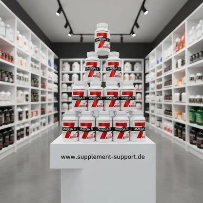 Omega-3-Kapseln in Pyramidenform im Supplement-Shop, hochwertige Nahrungsergänzungsmittel