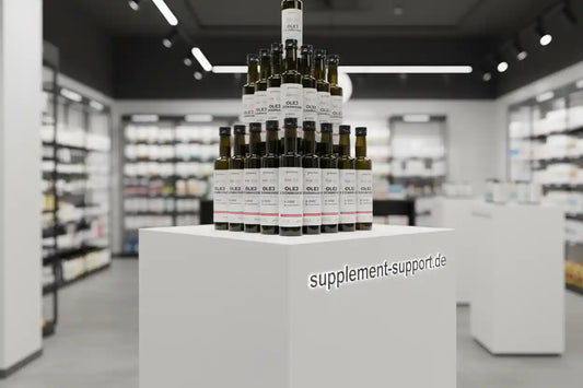 Mehrere Flaschen Schwarzkümmelöl stehen pyramidenförmig auf einem Podest in einem modernen Nahrungsergänzungsmittel-Geschäft.