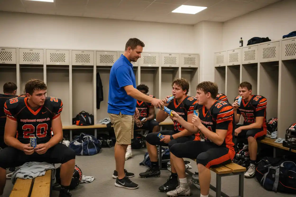 Footballspieler essen Proteinriegel von Supplement Support im Umkleideraum