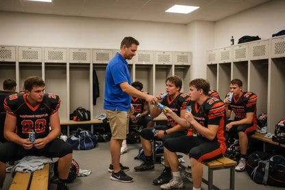 Footballspieler essen Proteinriegel von Supplement Support im Umkleideraum