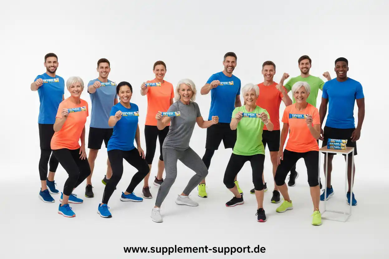 Gruppe sportlicher Menschen präsentiert Seven Crunch High Protein Bar, Sportnahrung Supplement Support