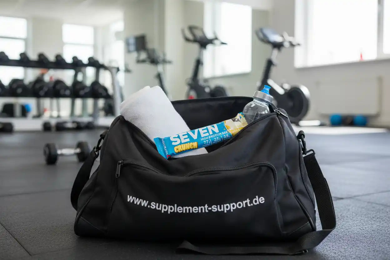 Sporttasche mit Proteinriegel, Wasserflasche und Handtuch im Fitnessstudio, supplement-support.de