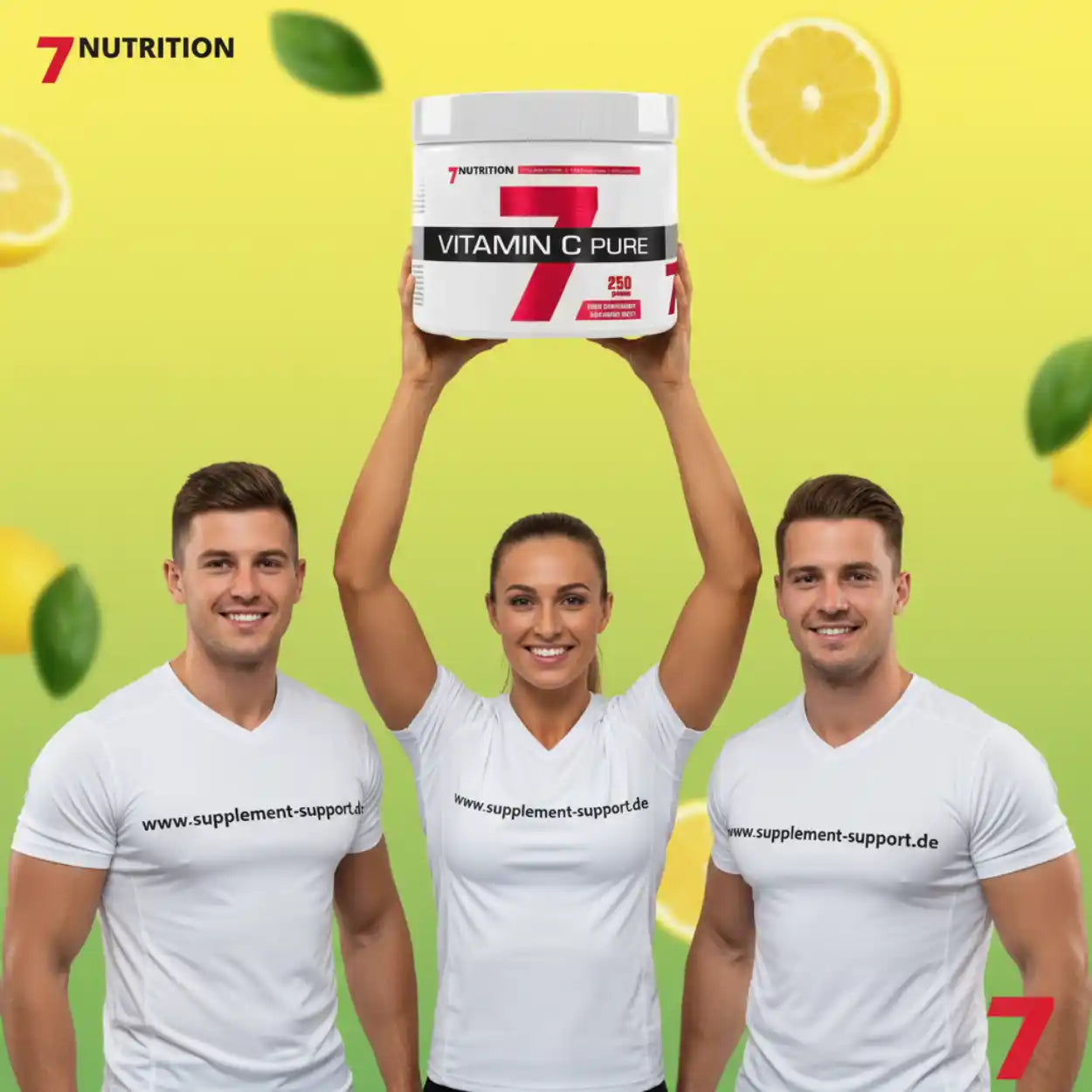 Vitamin C Pure von 7NUTRITION, hochwertige Nahrungsergänzung mit Zitronenmotiv und Sportlern
