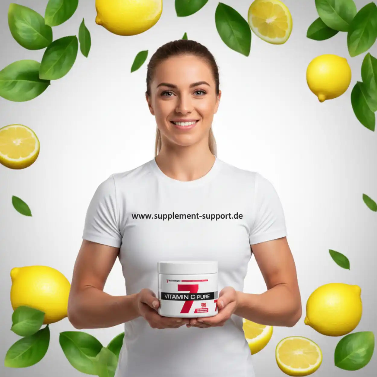 Frau hält Vitamin C Pure Supplement mit Zitronen & Blättern im Hintergrund – Nahrungsergänzung für Gesundheit & Sport