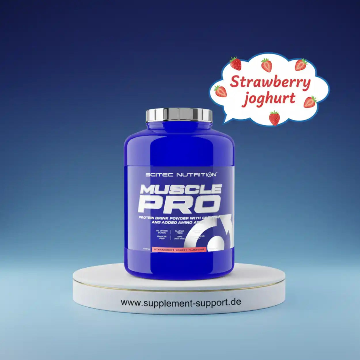Scitec Nutrition Muscle Pro Proteinpulver Erdbeer-Joghurt auf Podest, supplement-support.de